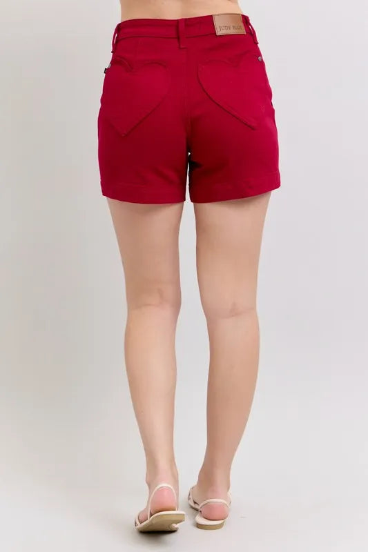 Judy Blue Full Size High Waist Tummy Control Garment Dyed Heart Shaped Denim Shorts Plus Size OutfitFlow