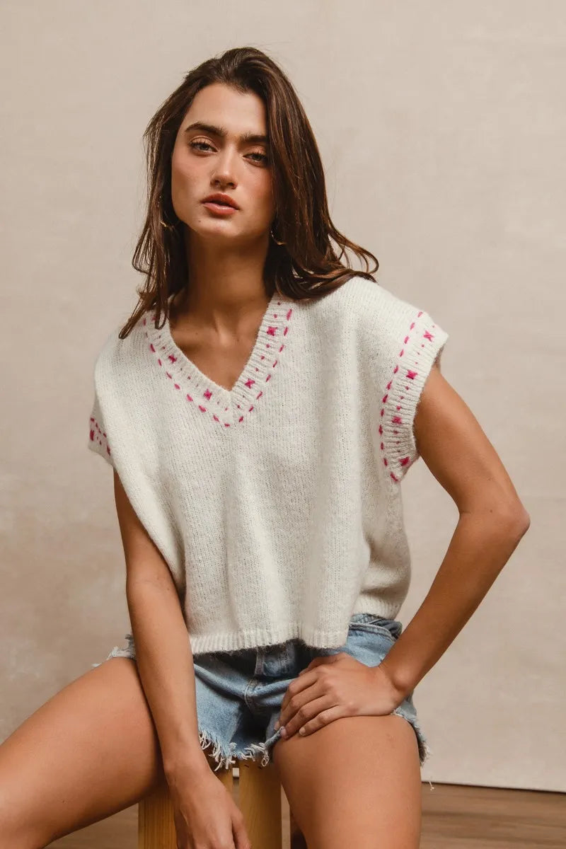 BiBi Knit Solid Contrast Stitch Detail Short Sleeves Sweater OutfitFlow