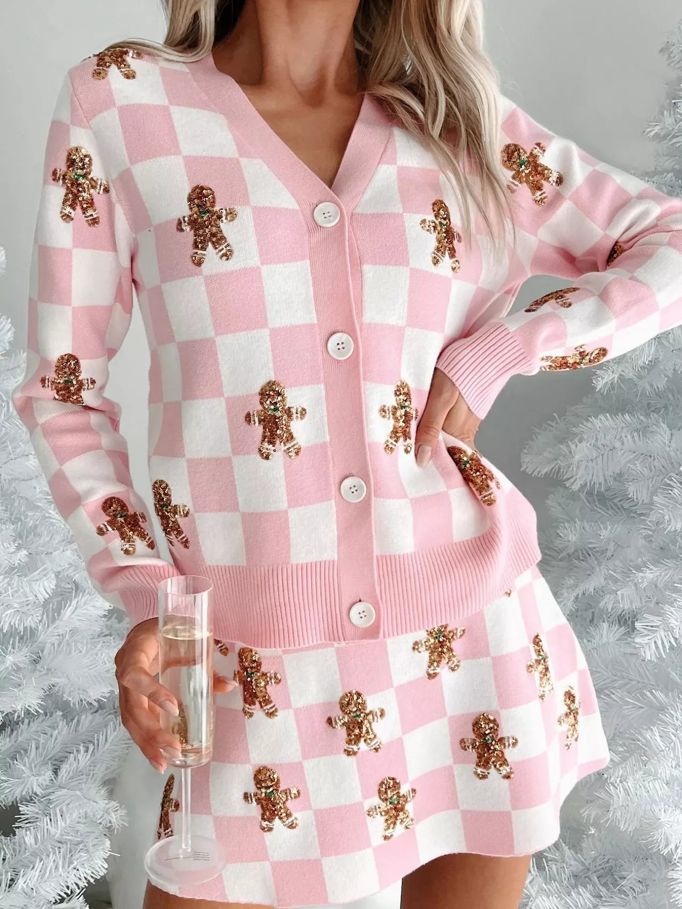 Gingerbread Checkered Cardigan and Skirt Sweater Set OutfitFlow