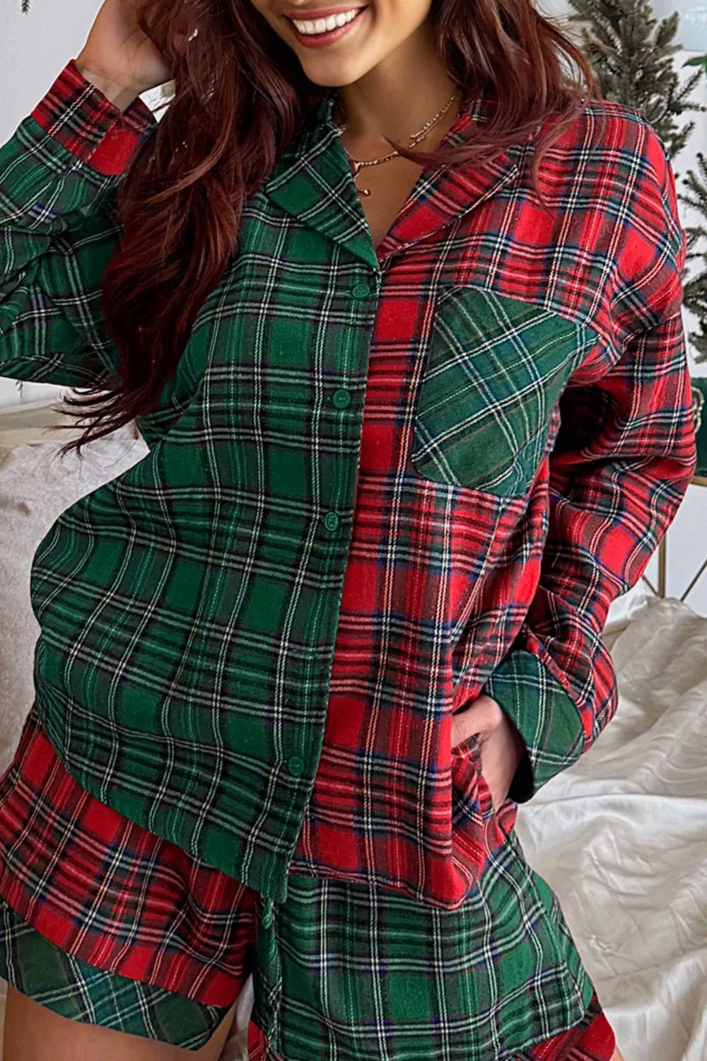Plaid Contrast Patched Christmas Holiday Long Sleeve Shirt and Short 2pcs Pajama Set OutfitFlow