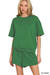 Zenana Scuba Short Sleeve Top & Shorts Set DK GREEN Trendsi