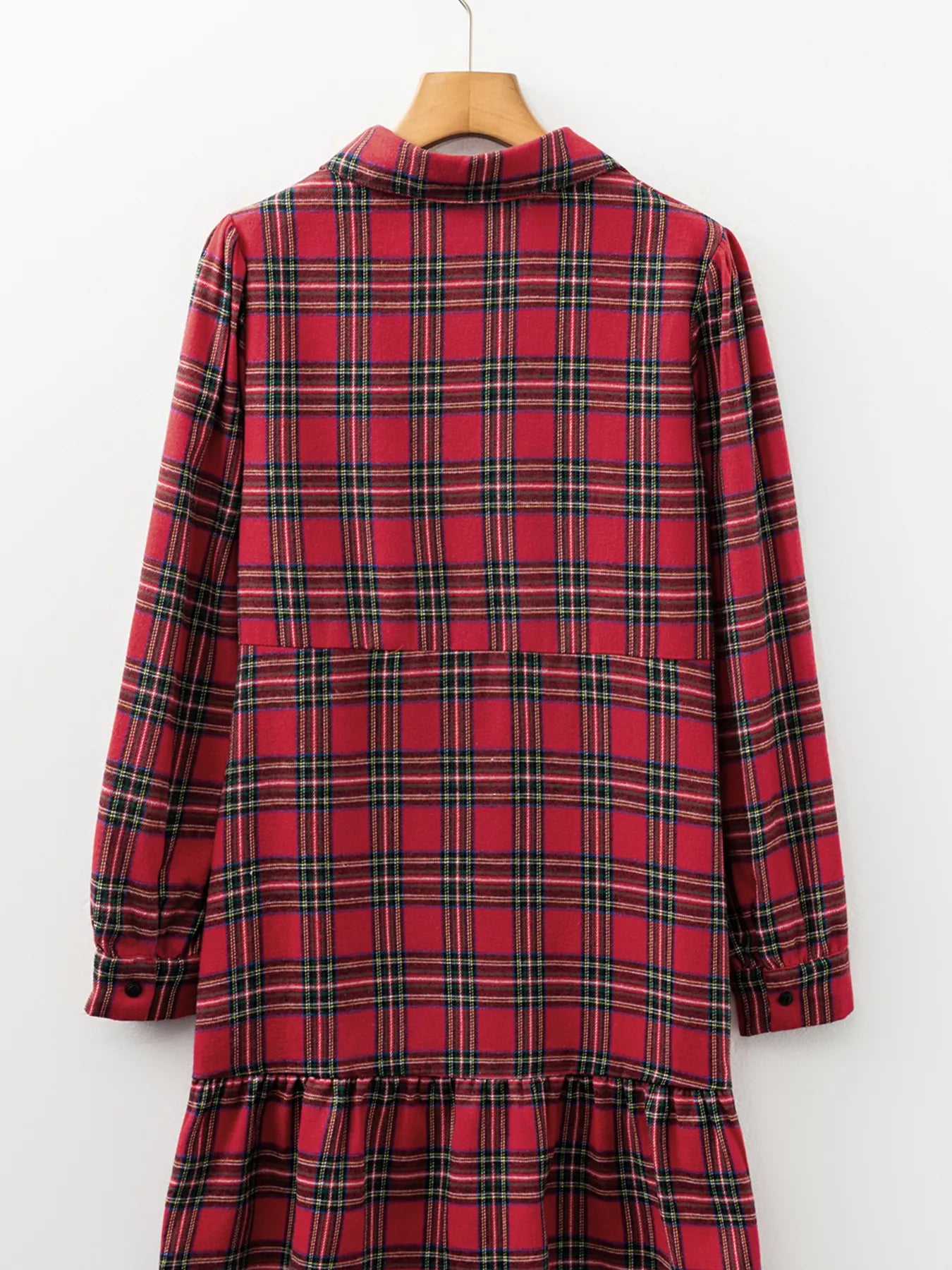 Plaid Shirt Collar Half Button Ruffle Hem Long Sleeve Mini Dress OutfitFlow
