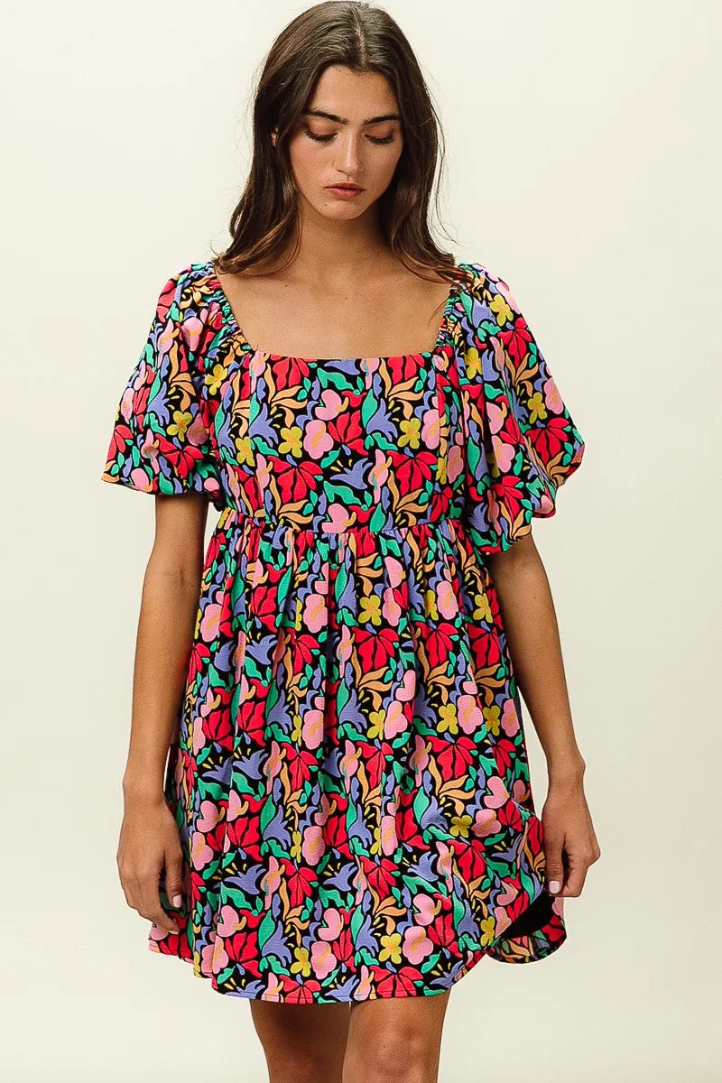 BiBi Floral Print Puff Square Neck Dress OutfitFlow