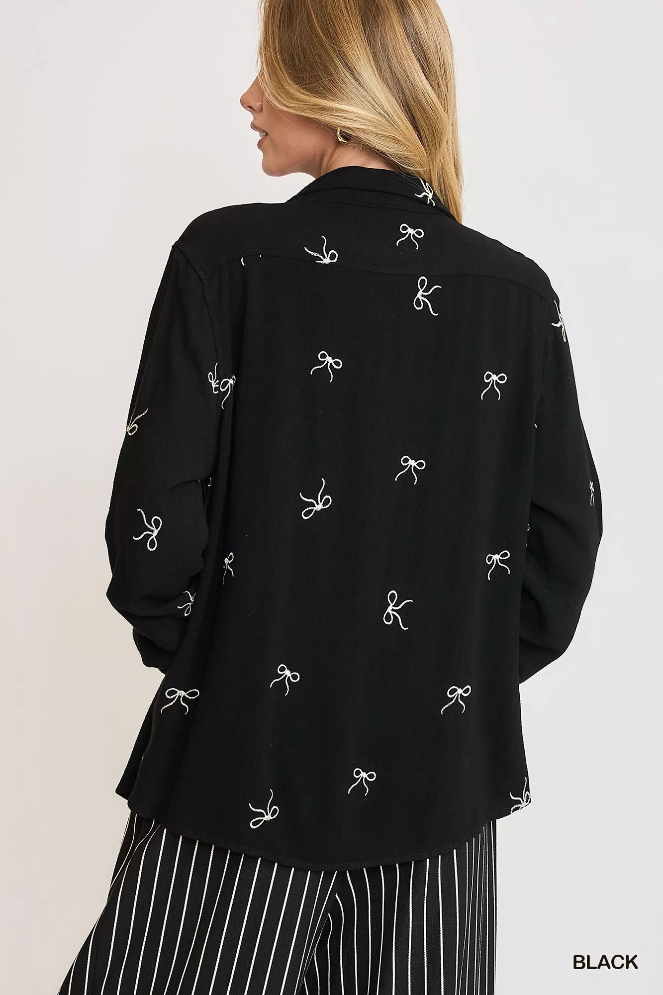 Umgee Linen Blend Fitted Shirt with Ribbon Embroidery Details Trendsi