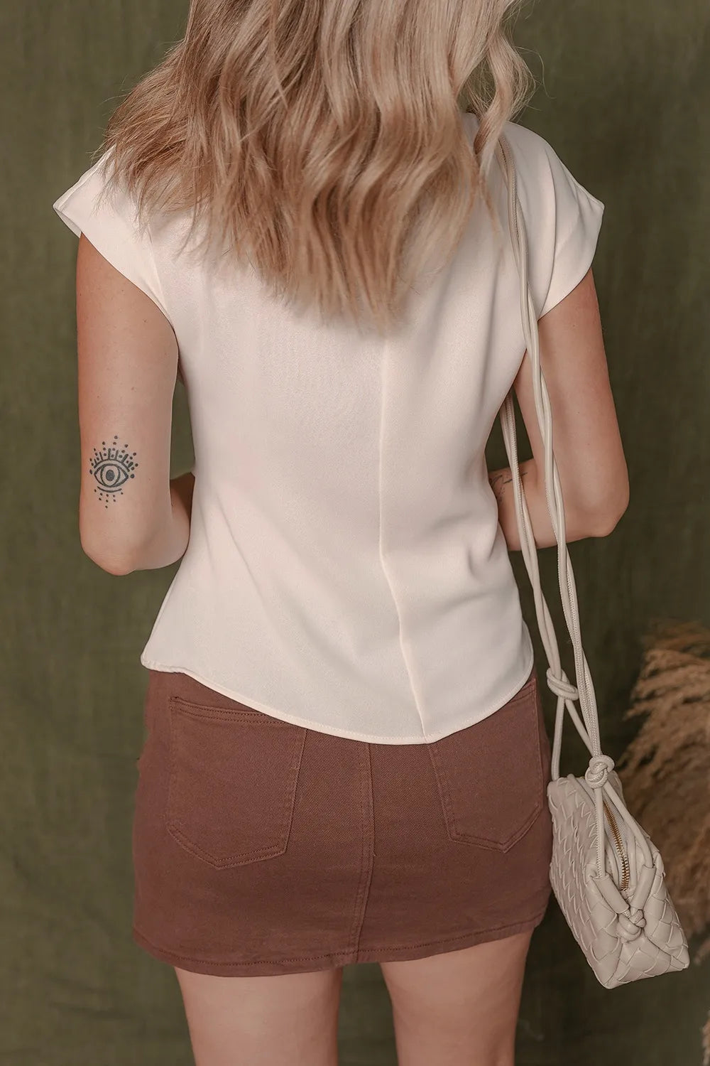 Surplice Knotted Ruched Cap Sleeve Blouse OutfitFlow