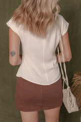 Surplice Knotted Ruched Cap Sleeve Blouse OutfitFlow