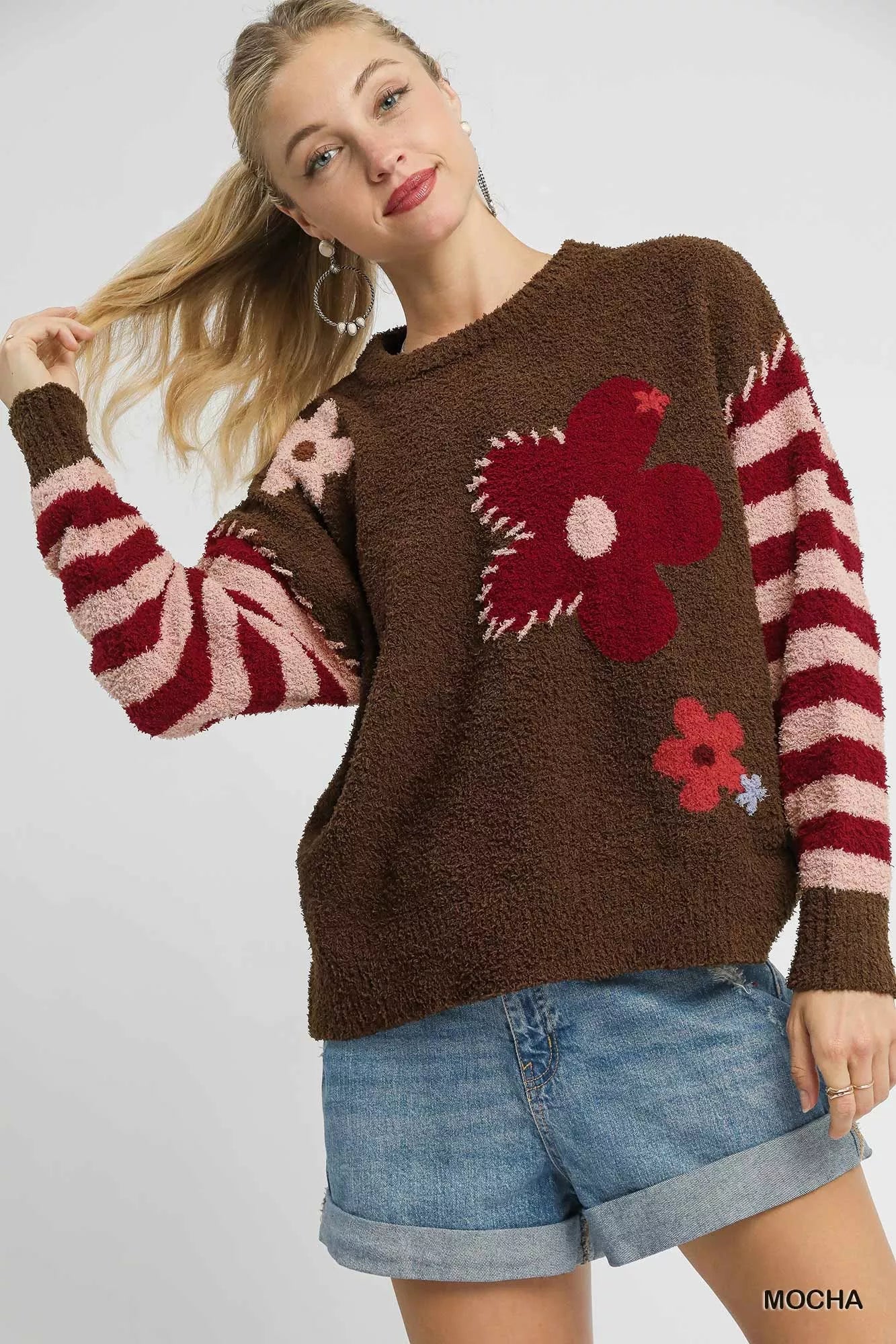 Umgee Flower Jacquard Striped Long Sleeve Sweater OutfitFlow