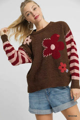 Umgee Flower Jacquard Striped Long Sleeve Sweater OutfitFlow