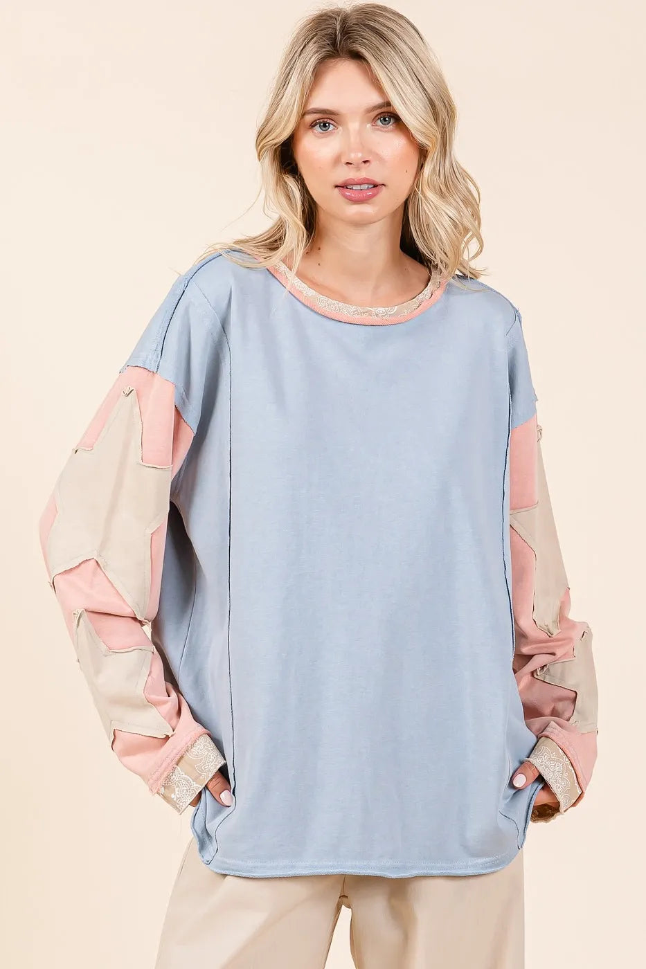 Mittoshop Star Patch Long Sleeve Colorblock Mineral Wash Top OutfitFlow