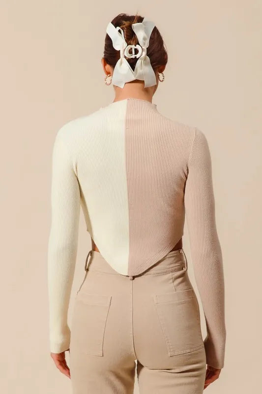 SO ME Color Block Fitted Crop Sweater Top OutfitFlow