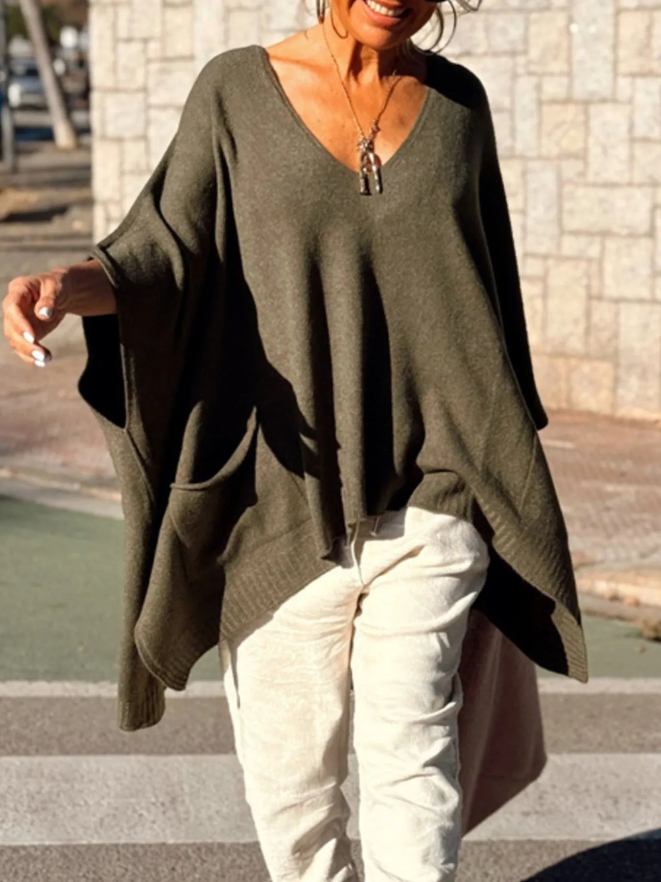 Ribbed Hem V-Neck Sweater OutfitFlow