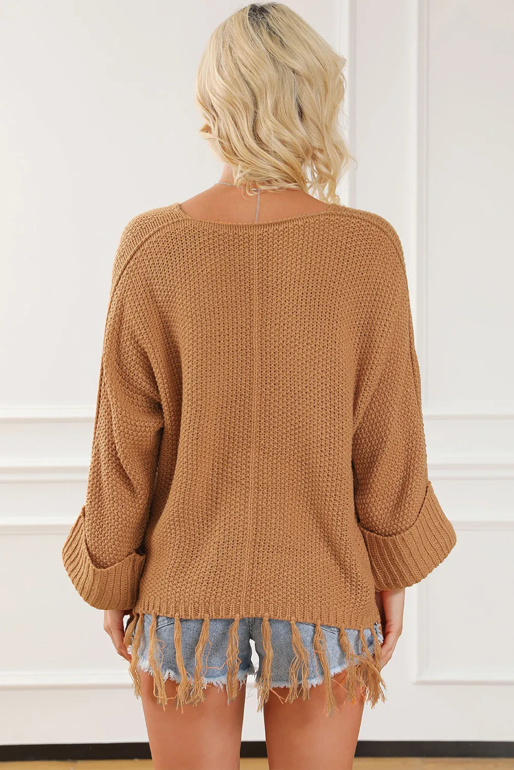 Fringe V-Neck Long Sleeve Sweater OutfitFlow