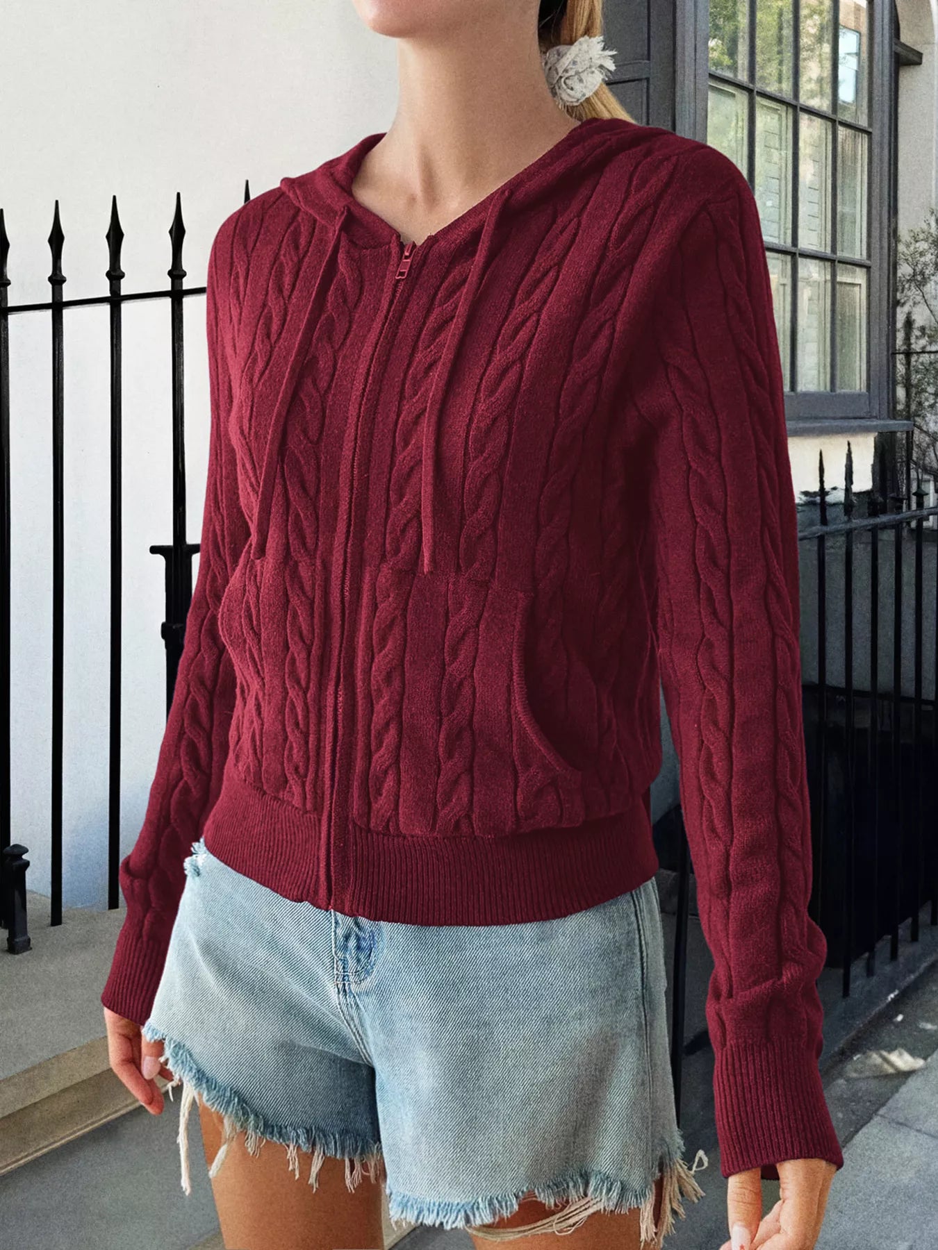 Cozy Cable-Knit Zip-Up Cardigan Burgundy OutfitFlow