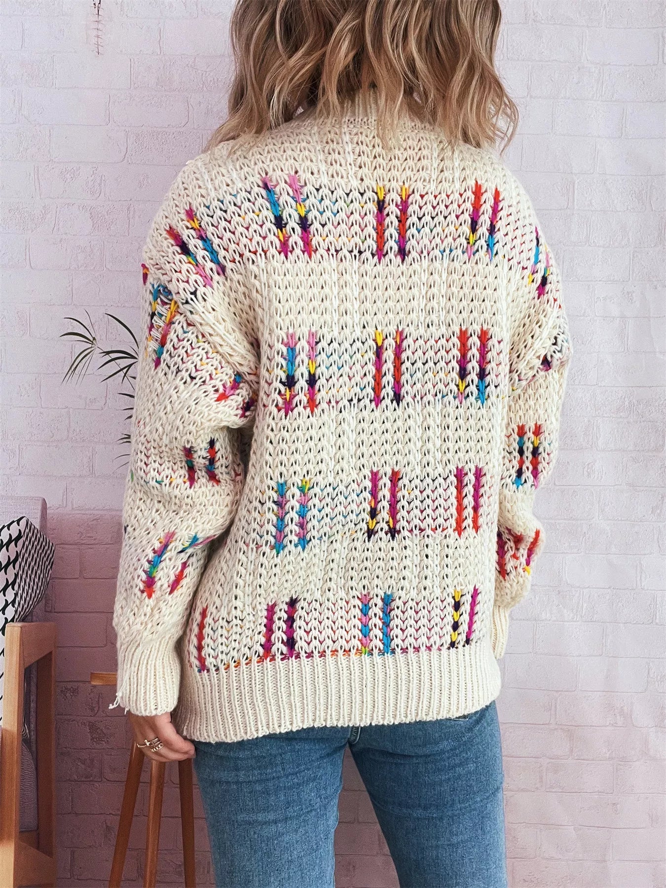 Colorful Round Neck Long Sleeve Sweater OutfitFlow