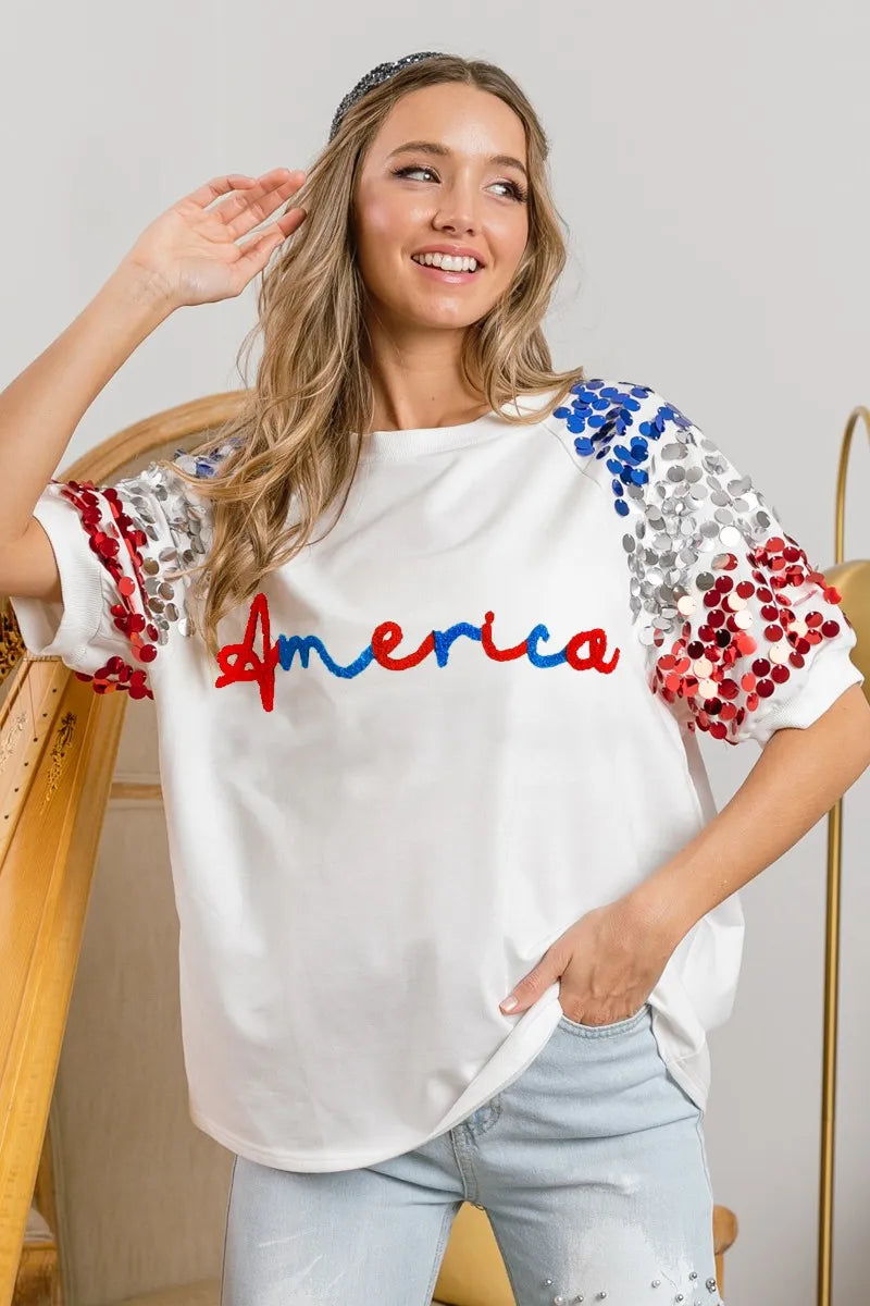 BiBi America Letter Applique Spangle Puff Sleeves Top OutfitFlow