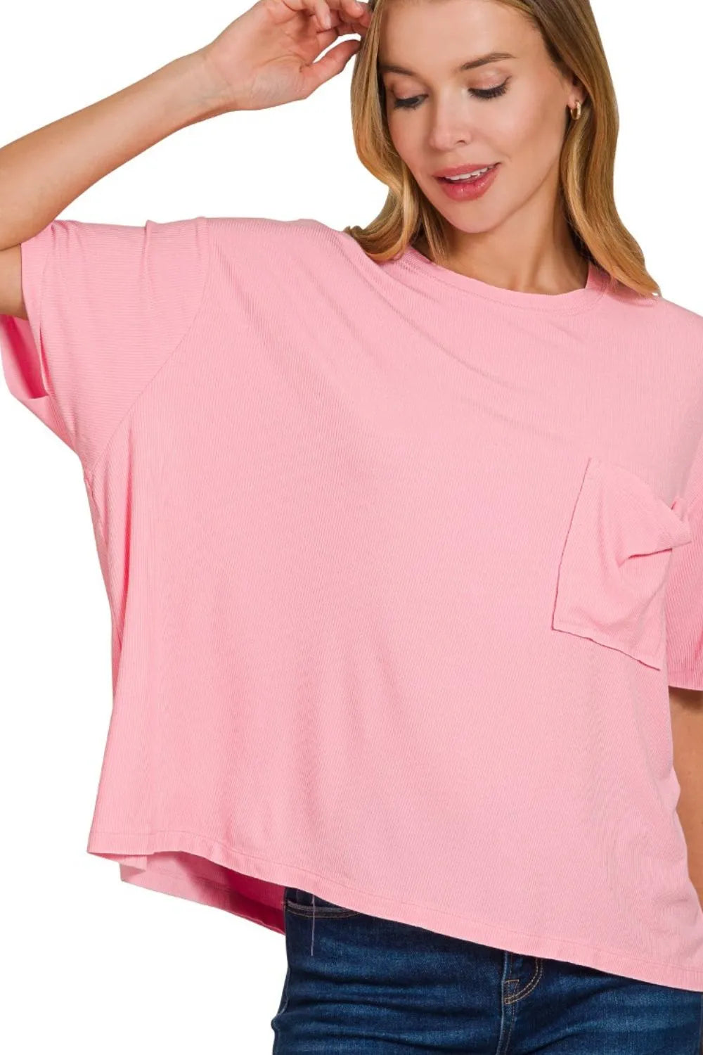 Zenana Oversized Ribbed Round Neck Short Sleeve Tee DK PINK OutfitFlow