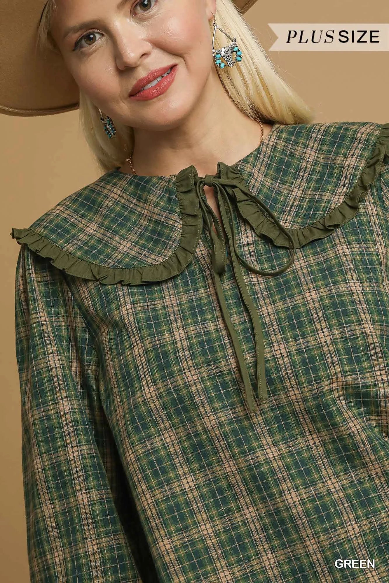 Umgee Full Size Plaid Ruffle Collar Blouse Plus Size Trendsi