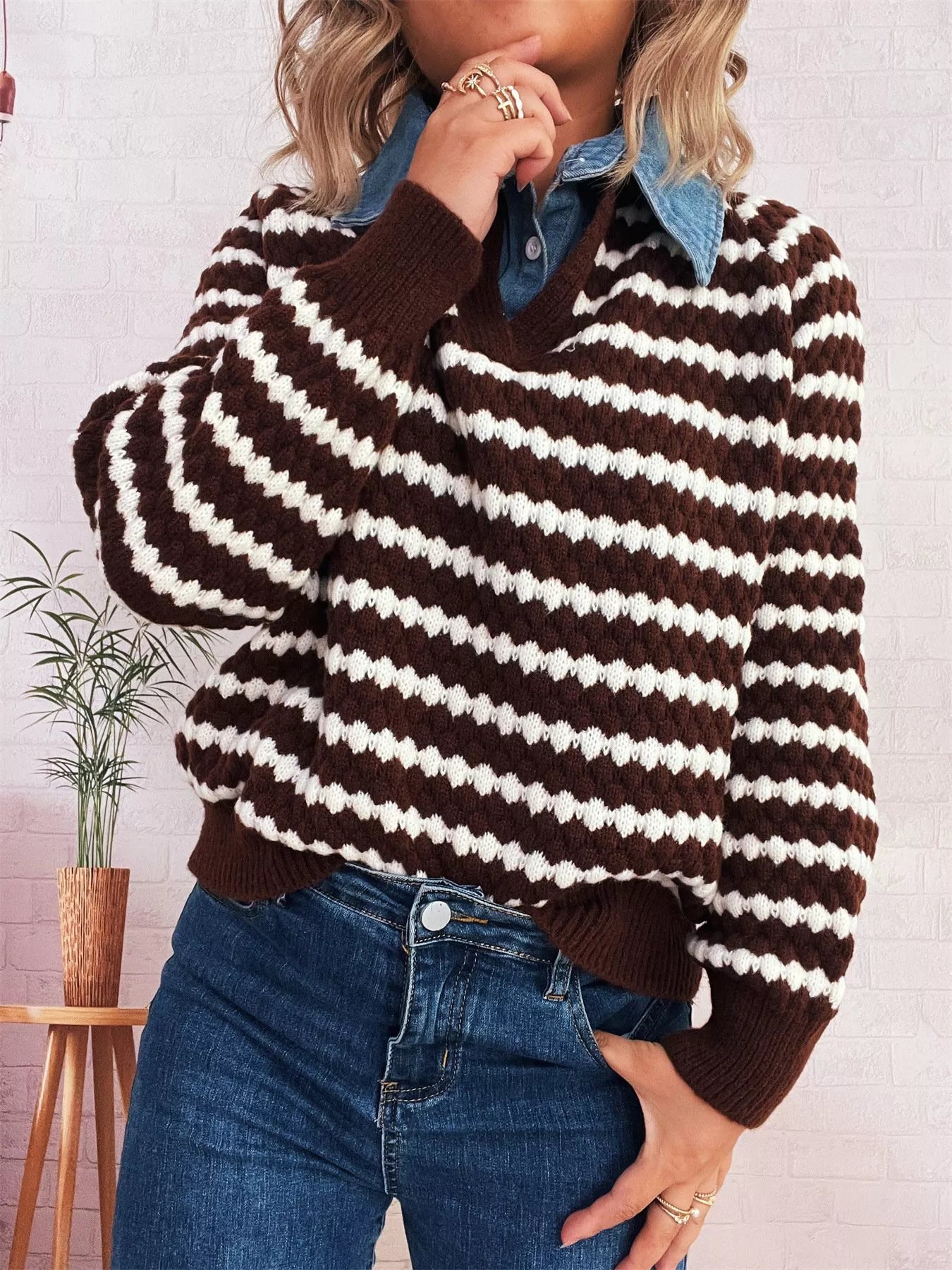 Contrast Striped Sweater with Denim Collar OutfitFlow