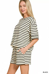 Zenana Striped Short Sleeve Tee & Shorts Set OutfitFlow