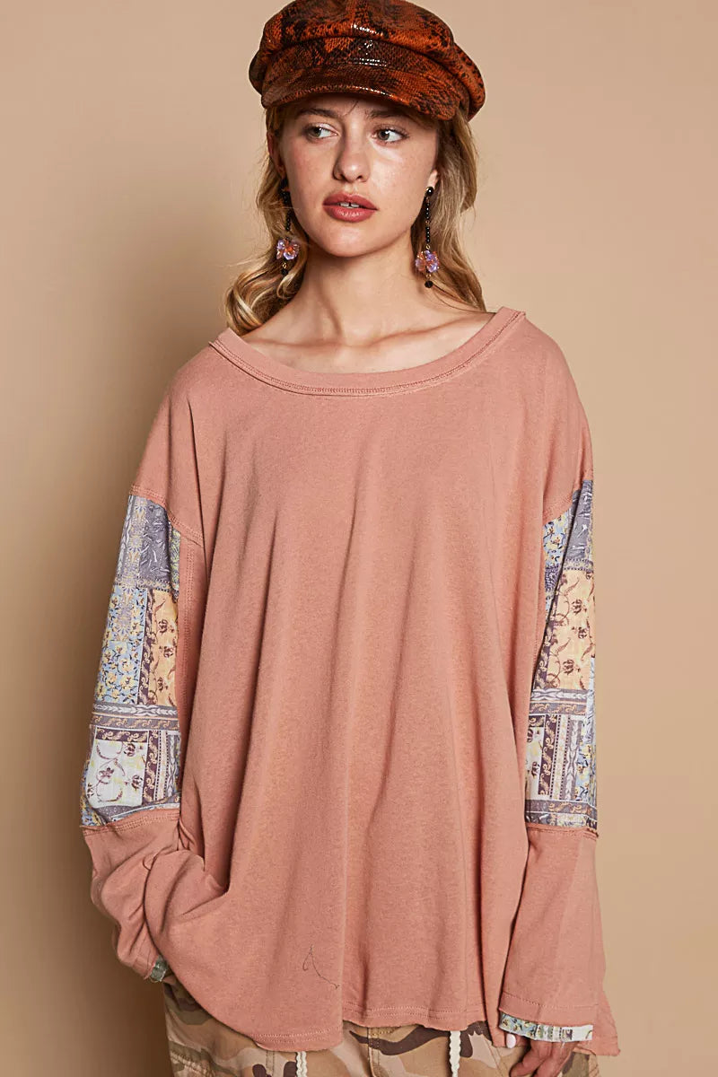 POL Round Neck Long Sleeve Roomy Fit Top with Stitch Detail OutfitFlow