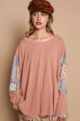 POL Round Neck Long Sleeve Roomy Fit Top with Stitch Detail OutfitFlow