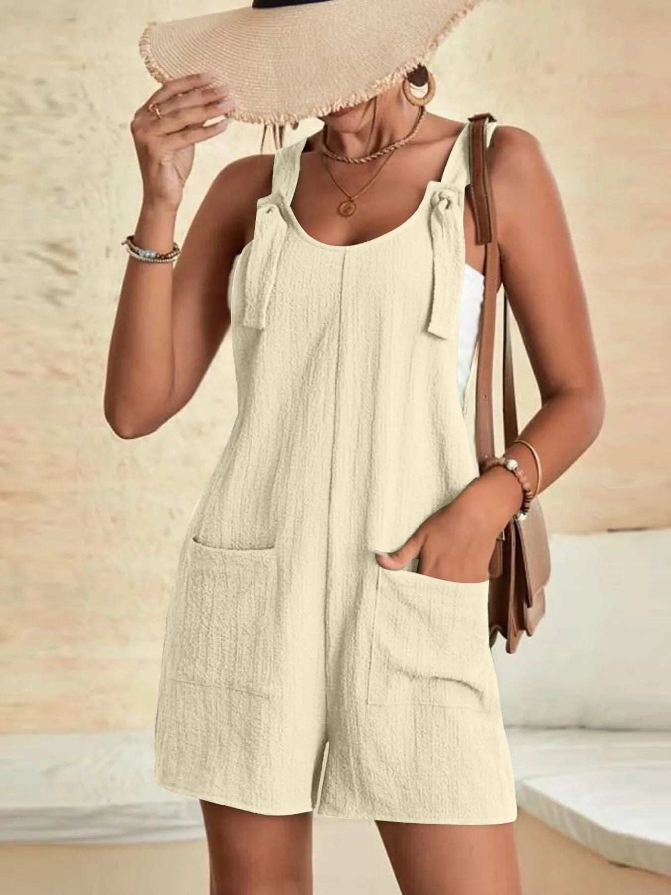 Full Size Knot Strap Romper with Pockets Plus Size Apricot OutfitFlow