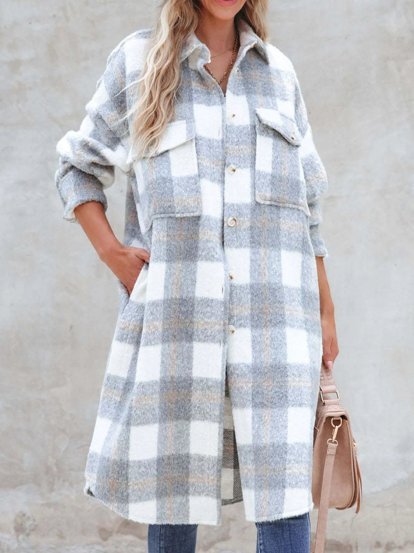Oversized Plaid Button Up Longline Jacket Light Gray OutfitFlow