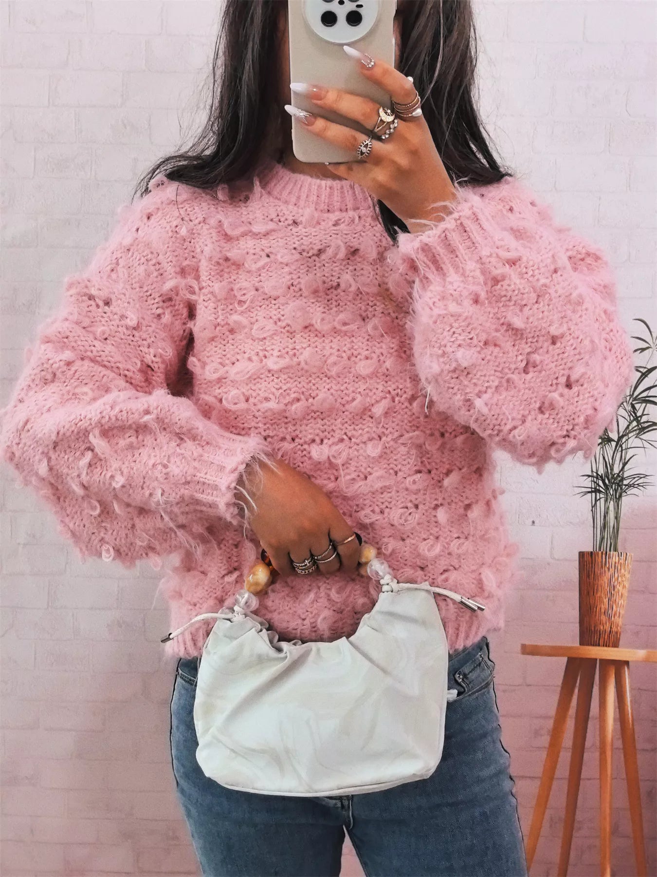 Chunky Round Neck Long Sleeve Sweater OutfitFlow