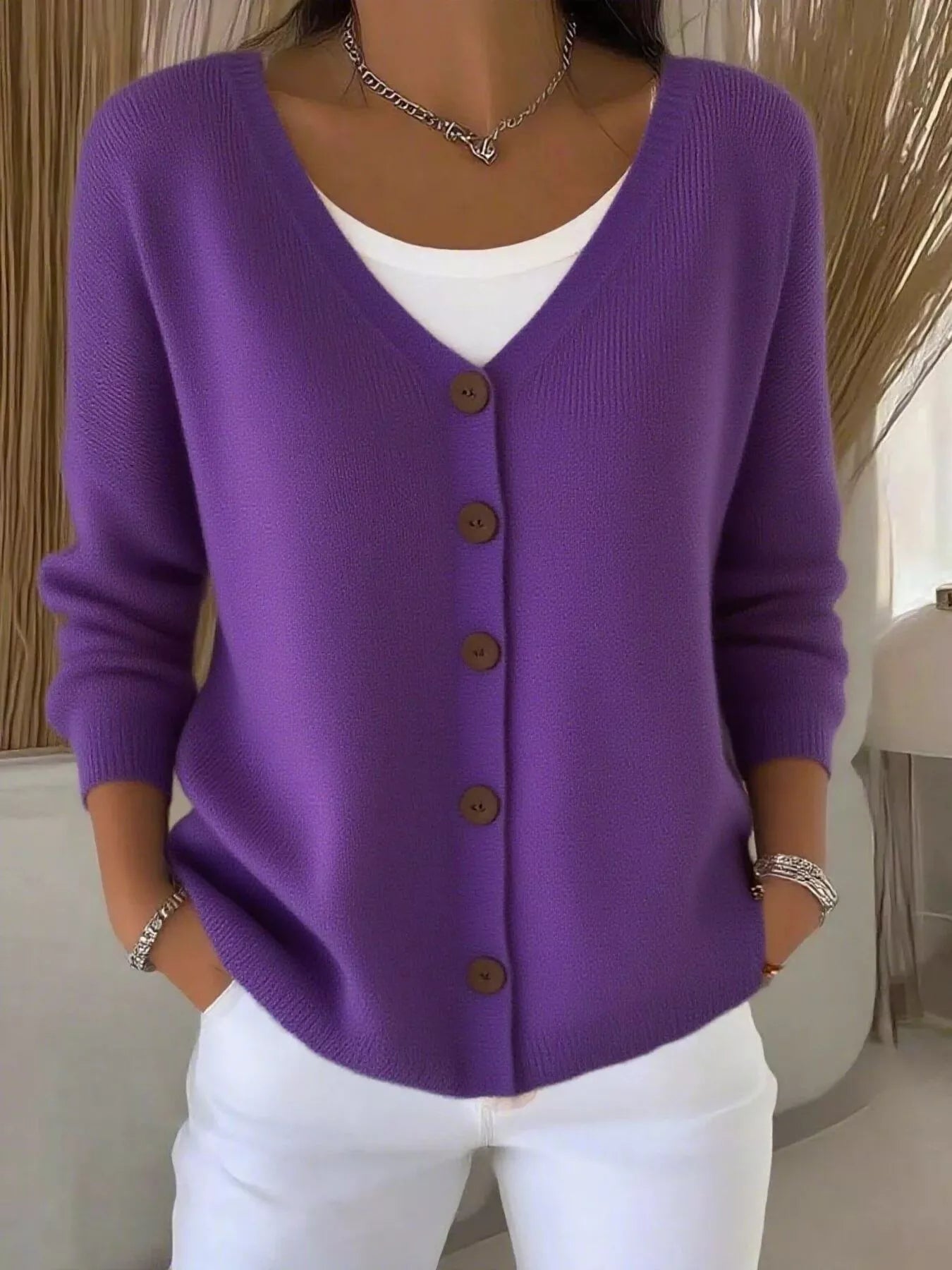 Full Size V-Neck Button-Down Knit Cardigan Plus Size Purple OutfitFlow