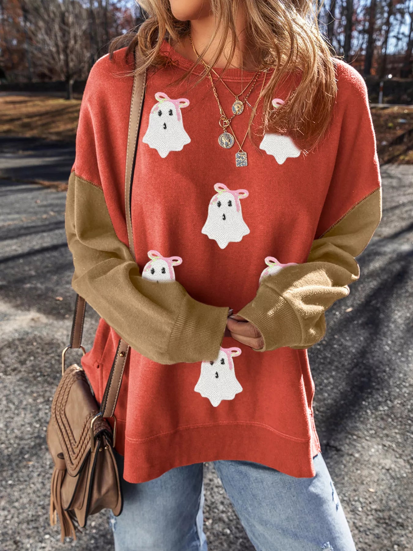 Halloween Glitter Ghost Patched Pattern Color Block Sweatshirt OutfitFlow