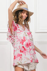 BiBi Floral Print Flutter Sheer Top OutfitFlow
