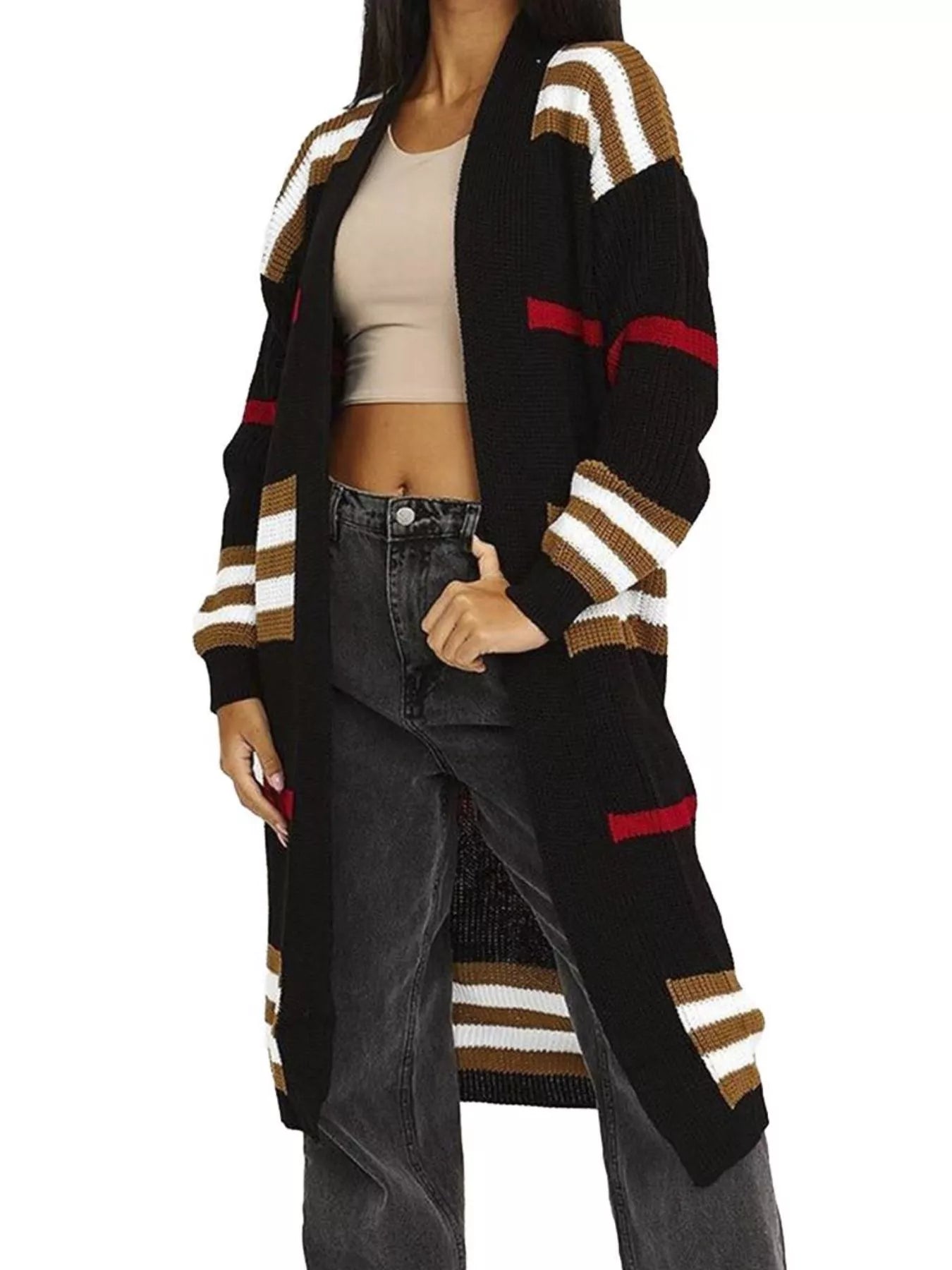 Striped Longline Open Front Cardigan OutfitFlow