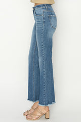 RISEN Mid-Rise Frayed Hem Bootcut Jeans OutfitFlow