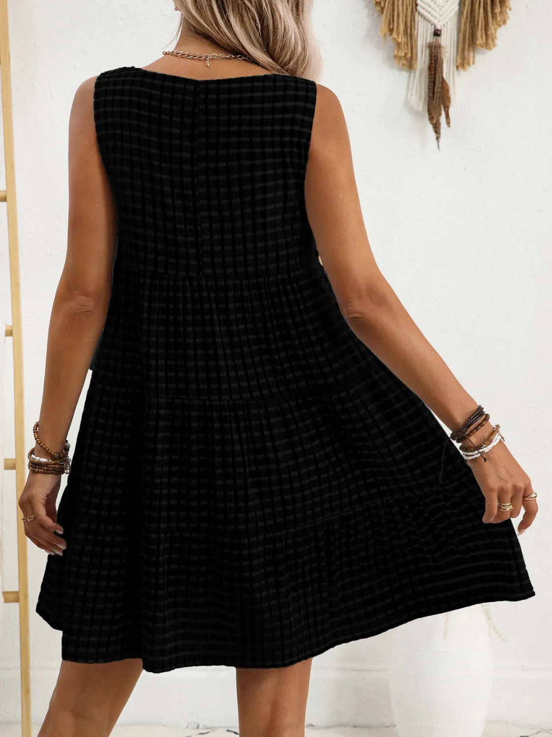 Plaid Round Neck Sleeveless Mini Dress OutfitFlow
