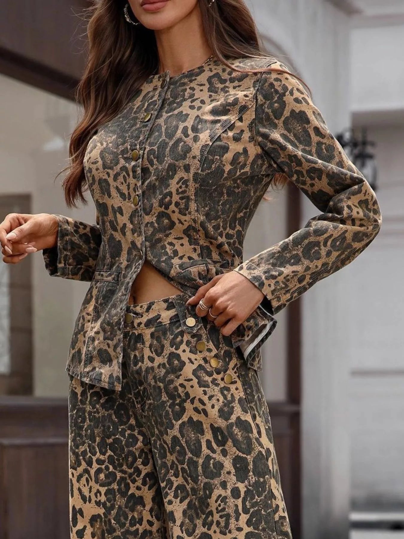 Leopard Button Up Long Sleeve Denim Shirt OutfitFlow