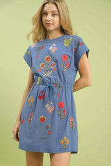 Umgee Embroidered Floral Mini Dress with Waist Tie DENIM OutfitFlow