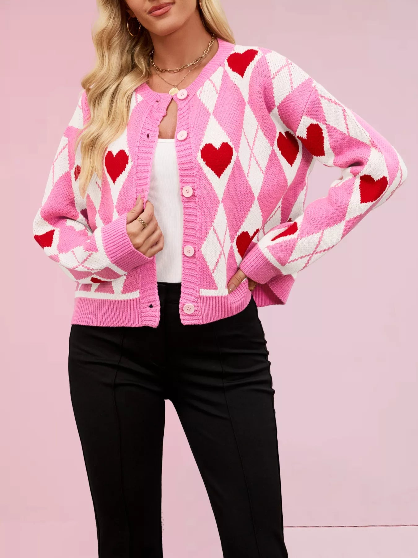 Heart Pattern Button-Up Cardigan Fuchsia Pink OutfitFlow