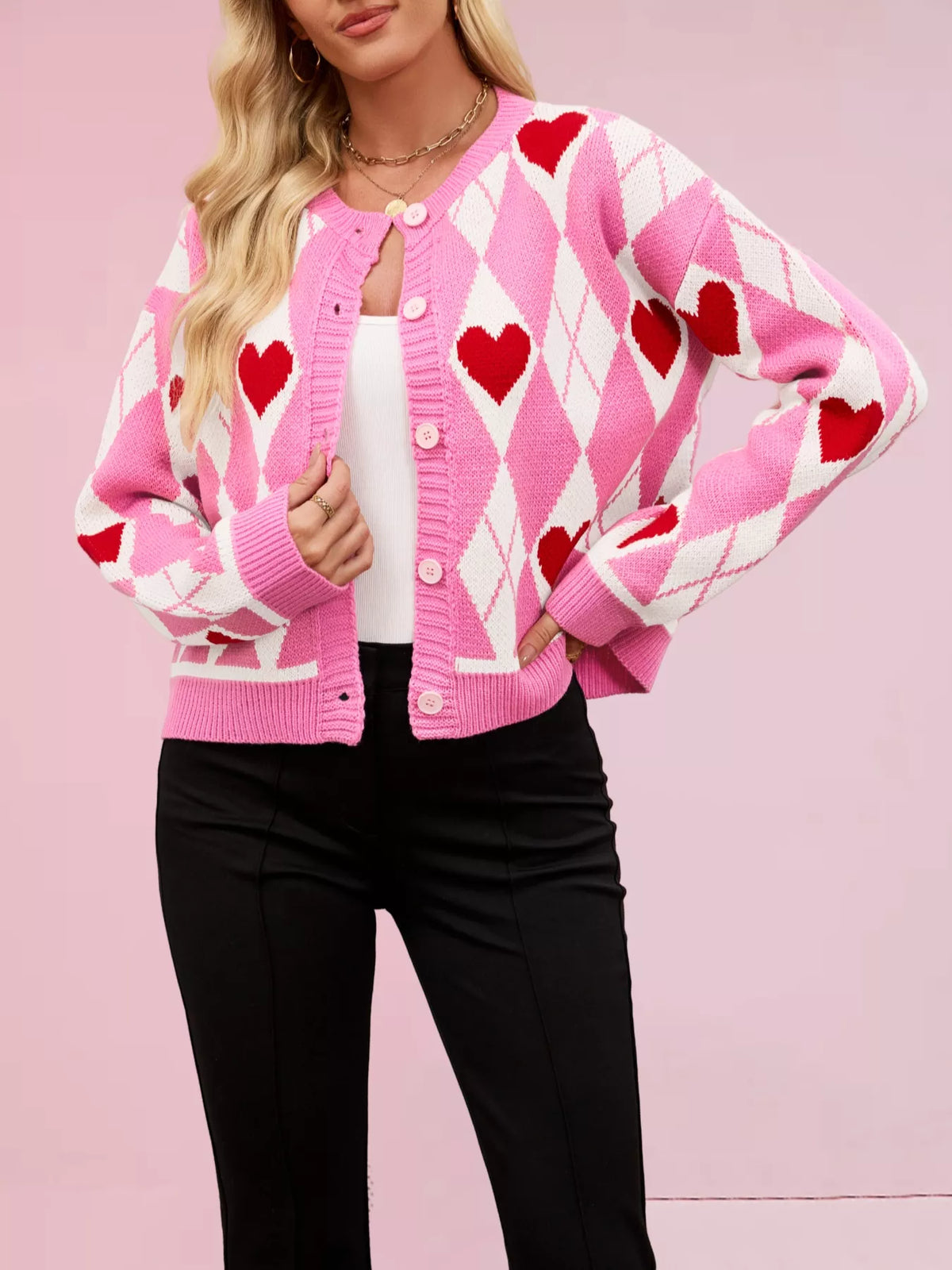 Heart Pattern Button-Up Cardigan Fuchsia Pink OutfitFlow