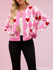Heart Pattern Button-Up Cardigan Fuchsia Pink OutfitFlow
