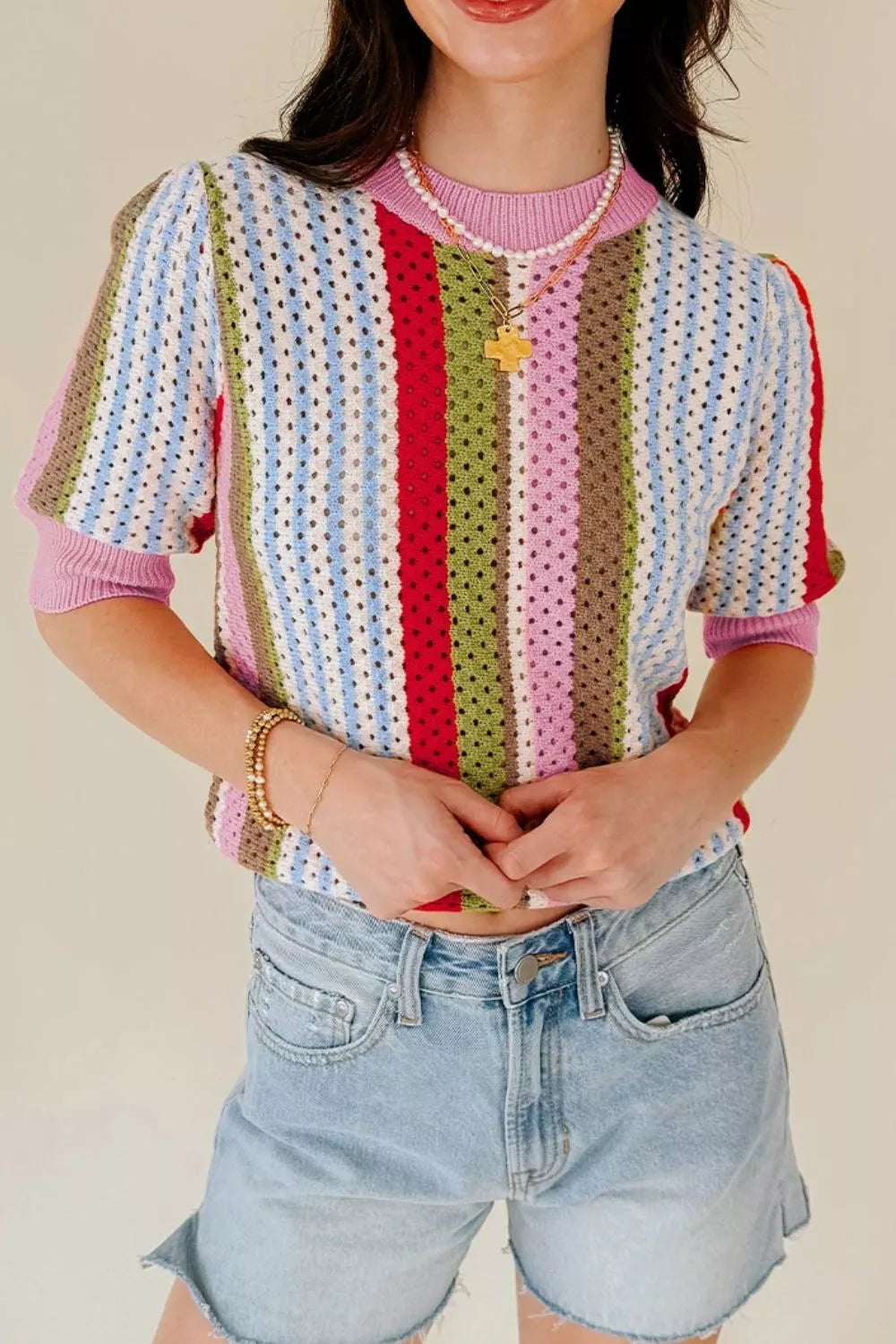 Color Block Short Sleeve Striped Crochet Knit Top OutfitFlow