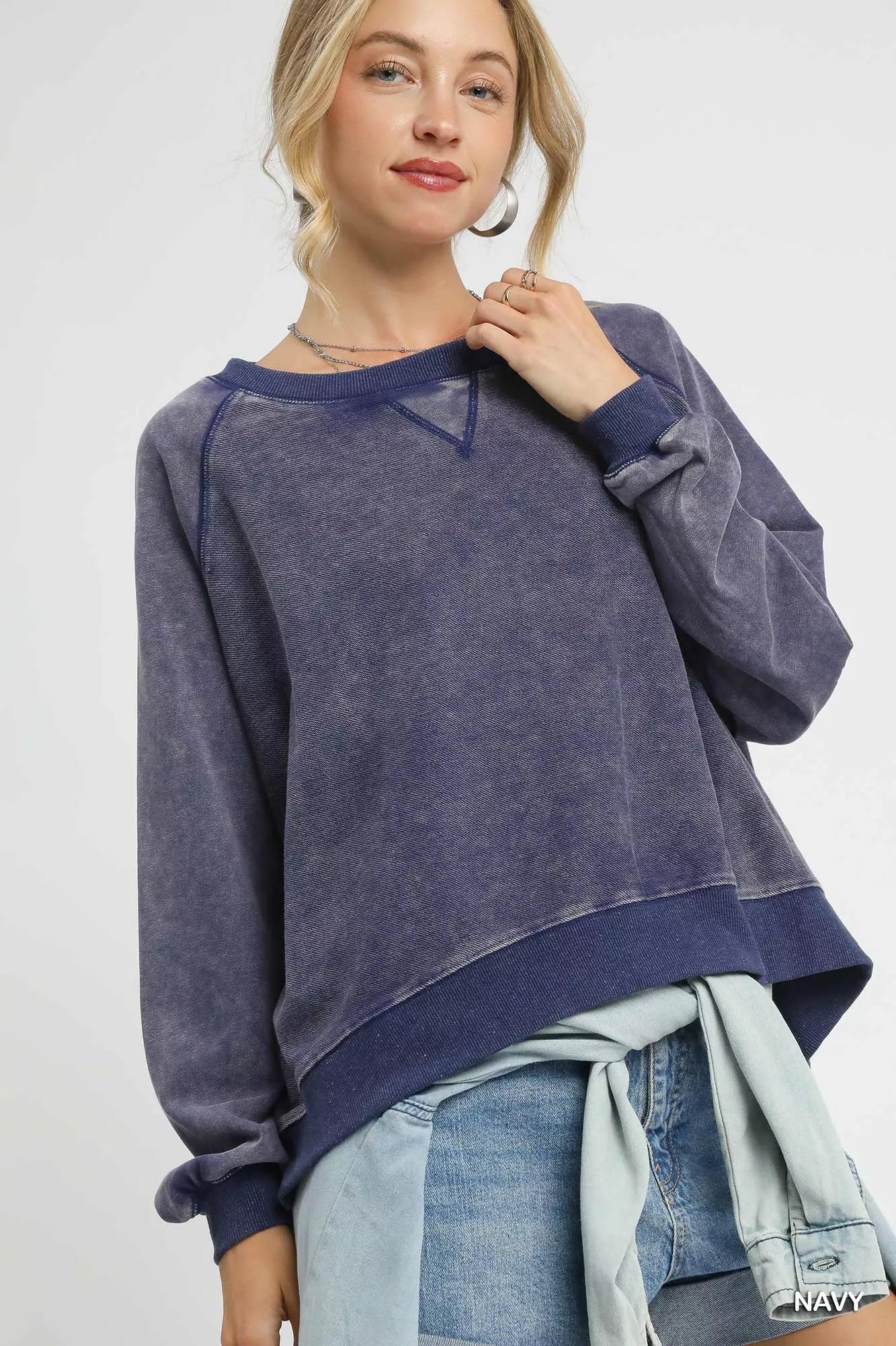 Umgee Mineral Wash French Terry Sweatshirt Navy Trendsi
