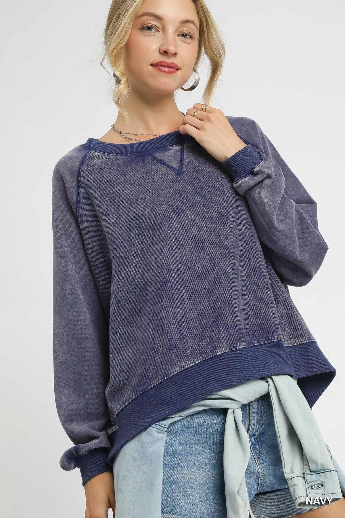 Umgee Mineral Wash French Terry Sweatshirt Navy Trendsi