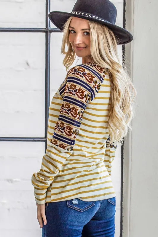 And The Why Stripe Ethnic Print Raglan Top OutfitFlow