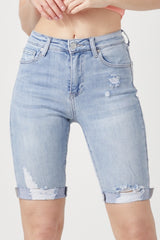 RISEN High Rise Distressed Denim Bermuda Shorts