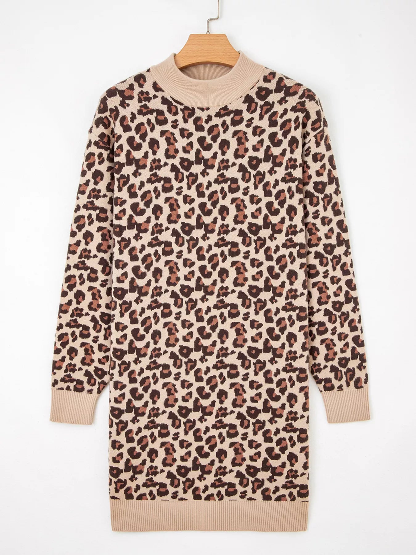 Leopard Print High Neck Shift Mini Sweater Dress OutfitFlow