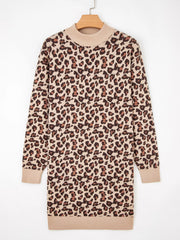 Leopard Print High Neck Shift Mini Sweater Dress OutfitFlow