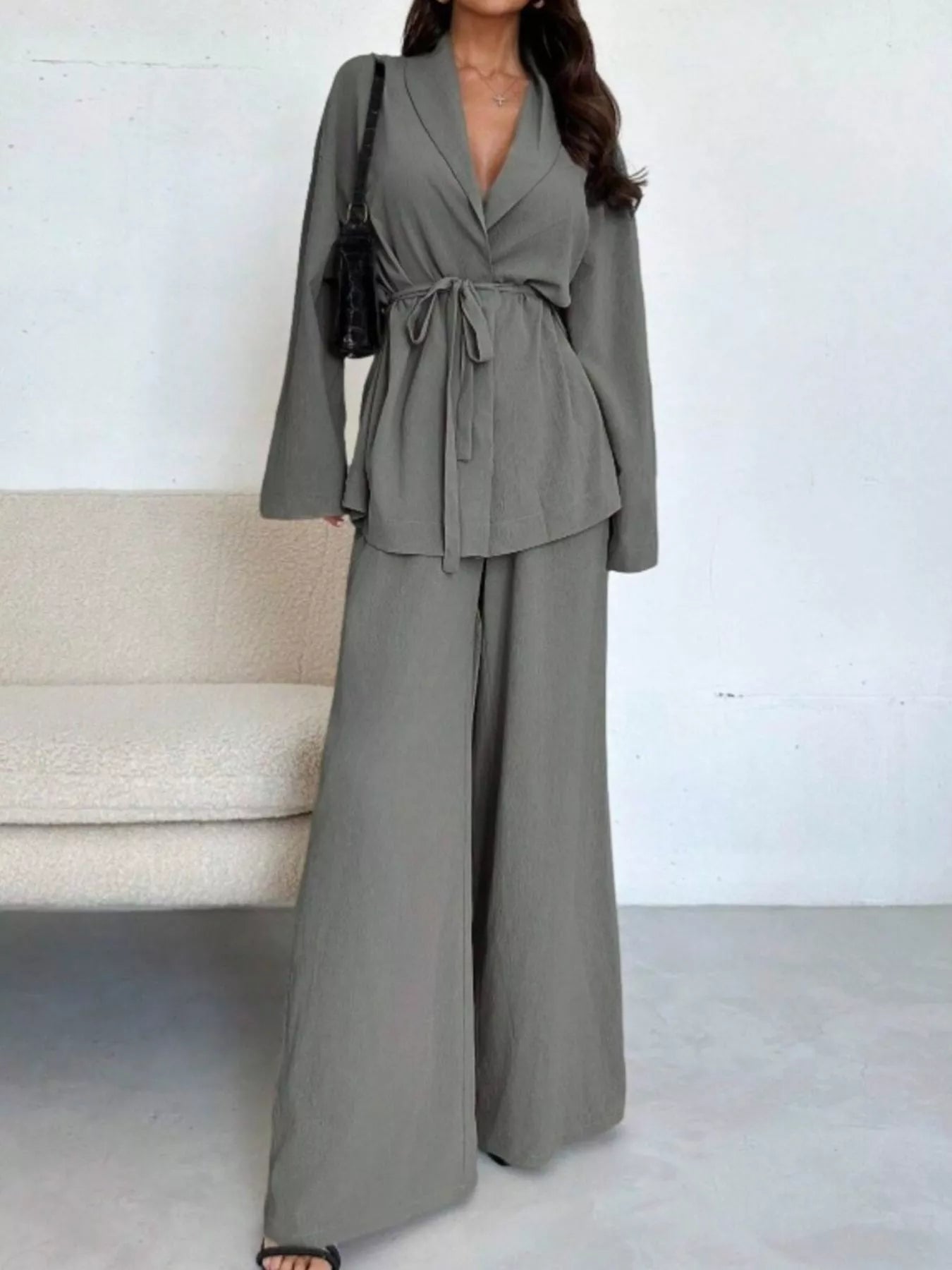 Front Tied Shirt and Wide-Leg Pants Set Gray OutfitFlow