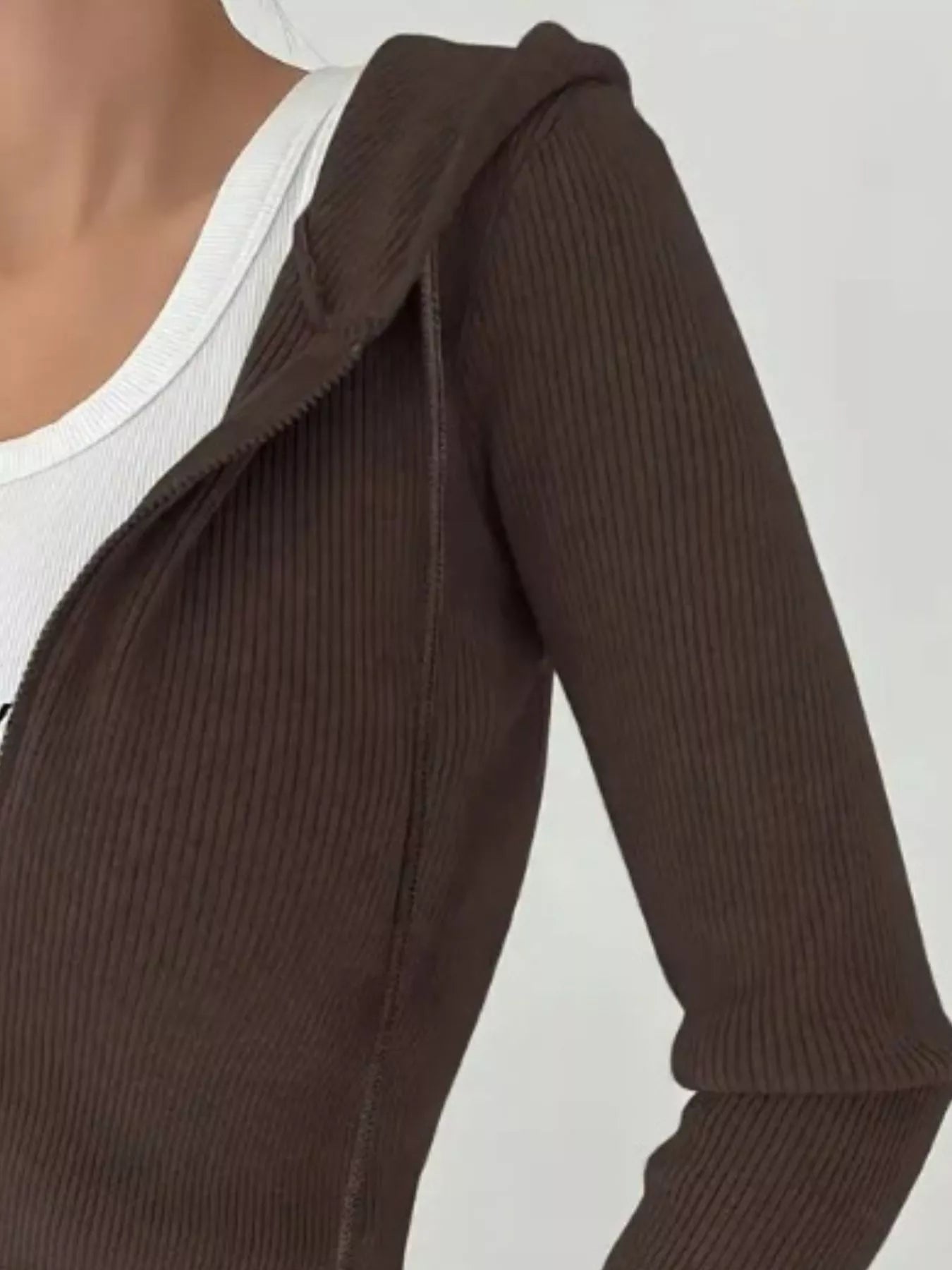 Ribbed Knit Zip-Up Hooded Cardigan OutfitFlow