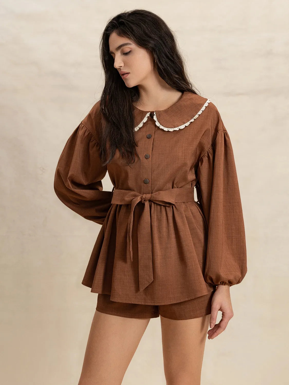 Peter Pan Collar Balloon Sleeve Top and Shorts Set Brown OutfitFlow