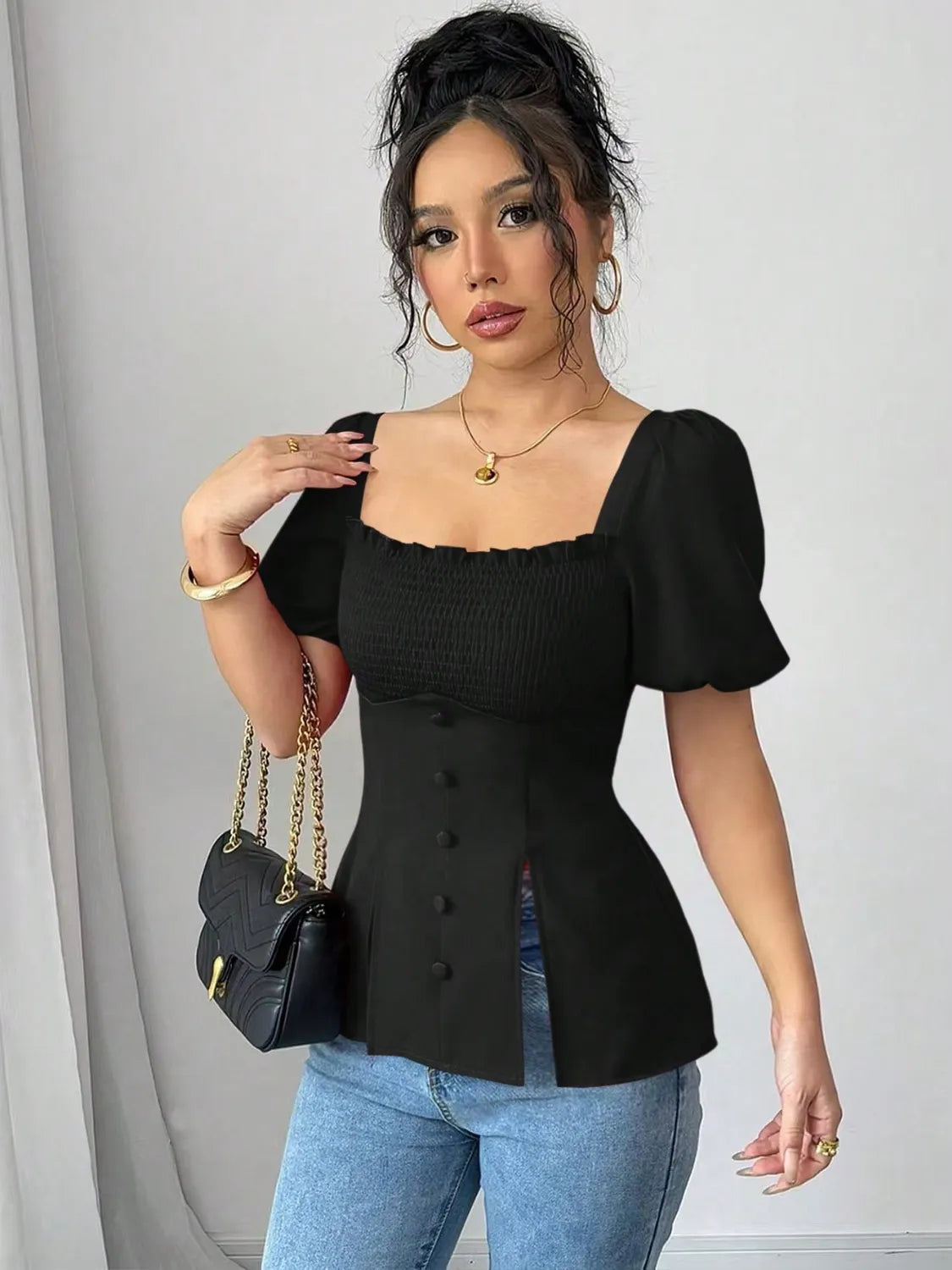 Slit Square Neck Short Sleeve Blouse OutfitFlow